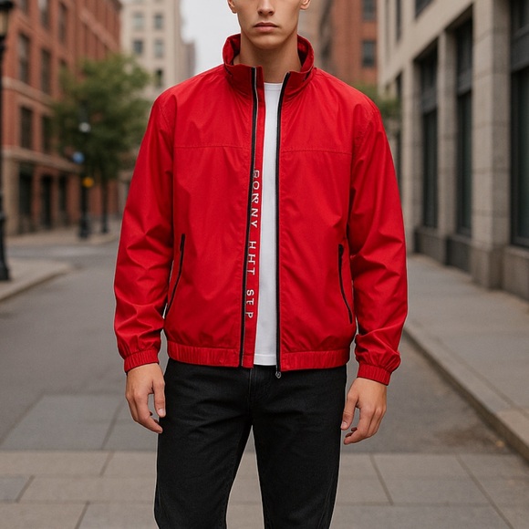 Tommy Hilfiger Mens Red Full Zip Hooded Windbreaker Jacket Size S Spell Out Logo - Picture 1 of 11